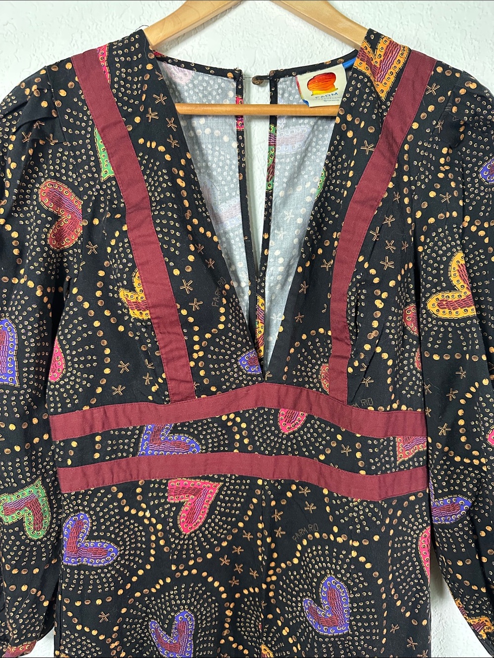 Farm Rio Anthropologie Black Jumpsuit Multicolor Heart Print and Burgundy Trim - Picture 8 of 9